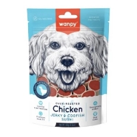 عکس تشویقی Wanpy مخصوص سگ مدل Chicken Jerky & Codfish Sushi تهیه شده از گوشت مرغ و ماهی کاد - 100 گرم